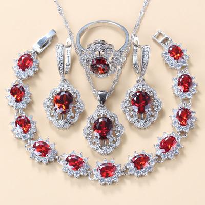 Women Wedding Jewelry Bridal Red Garnet Cz Earrings Pendant Necklace Bracelet And Ring Gift Sets