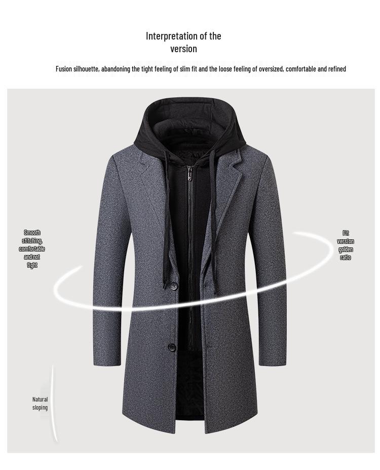 Korean-Style Men's Wool Blend Mid-Length Coat with Removable Hood