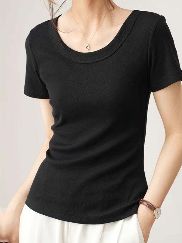 Damen Sommer 2025 Schlank geschnittenes geripptes U-Ausschnitt T-Shirt - Vielseitig Große Größen, Hohe Elastizität, Kurzarm Basis-Top