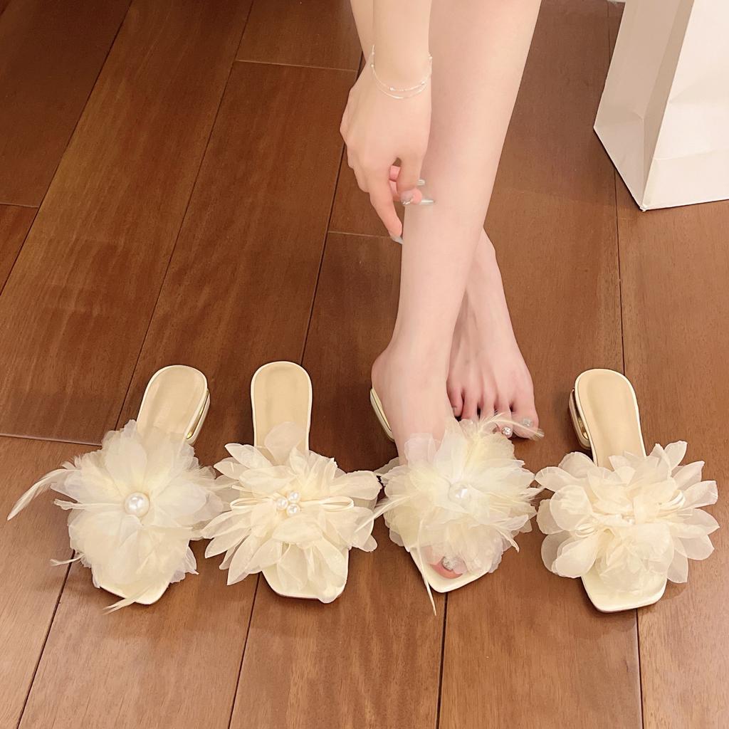 Fashion Shoes Woman 2025 Slippers Soft Flower Luxury Slides String Bead Square heel Pantofle Comfort Designer Block Summer New Floral