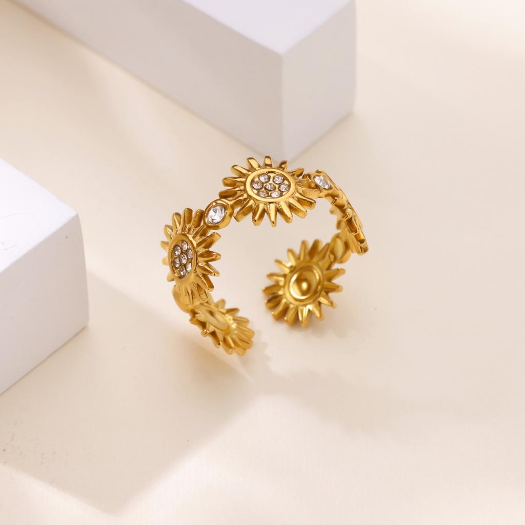 Cubic Zirconic Sun Rings For Women Men Open Gold Color Stainless Steel Ring Wedding Couple Vintage Jewelry Party Gifts