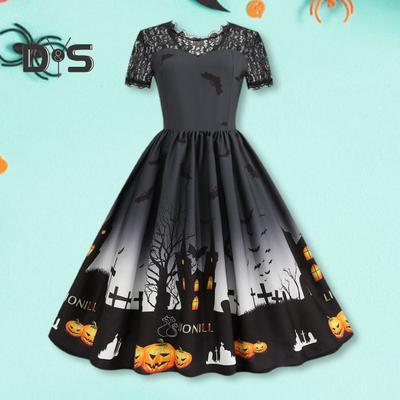 Dámské Halloweenské společenské šaty Dutá krajka s kulatým výstřihem Retro A-Line Velký lem Haunted House Netopýr Potištěné Krátké rukávy Cosplay Večerní šaty