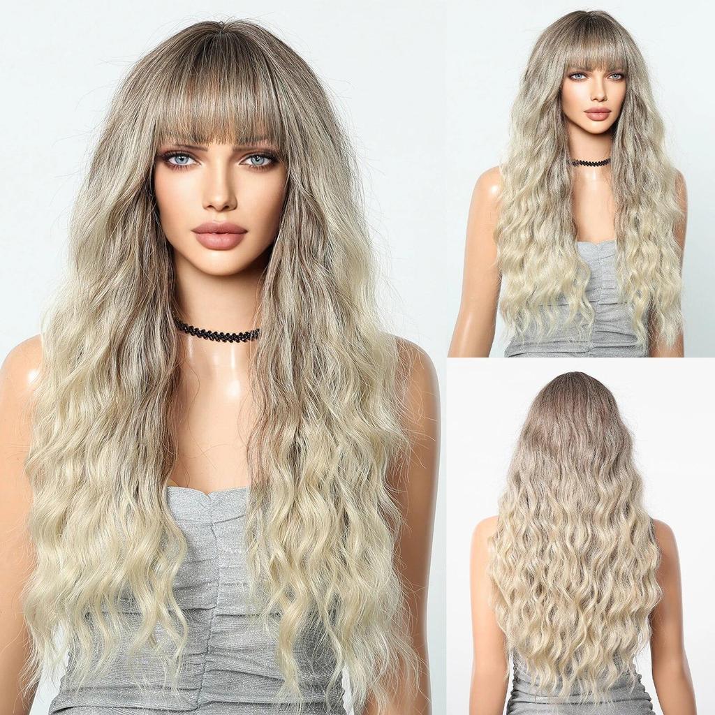 LOUIS FEREE Long Wavy Wig With Bangs Red Brown Ginger Copper Synthetic Wigs for Women Natural Wave Curly Wigs Heat Resistant Hair for Daily