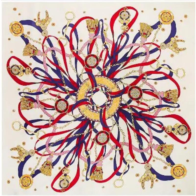 

130cm Newest Brand Women Chain Silk Ribbon Print Winter Twill Silk Scarf,Fashion Turban Headband Large Hijab Square Scarf 130X130CM