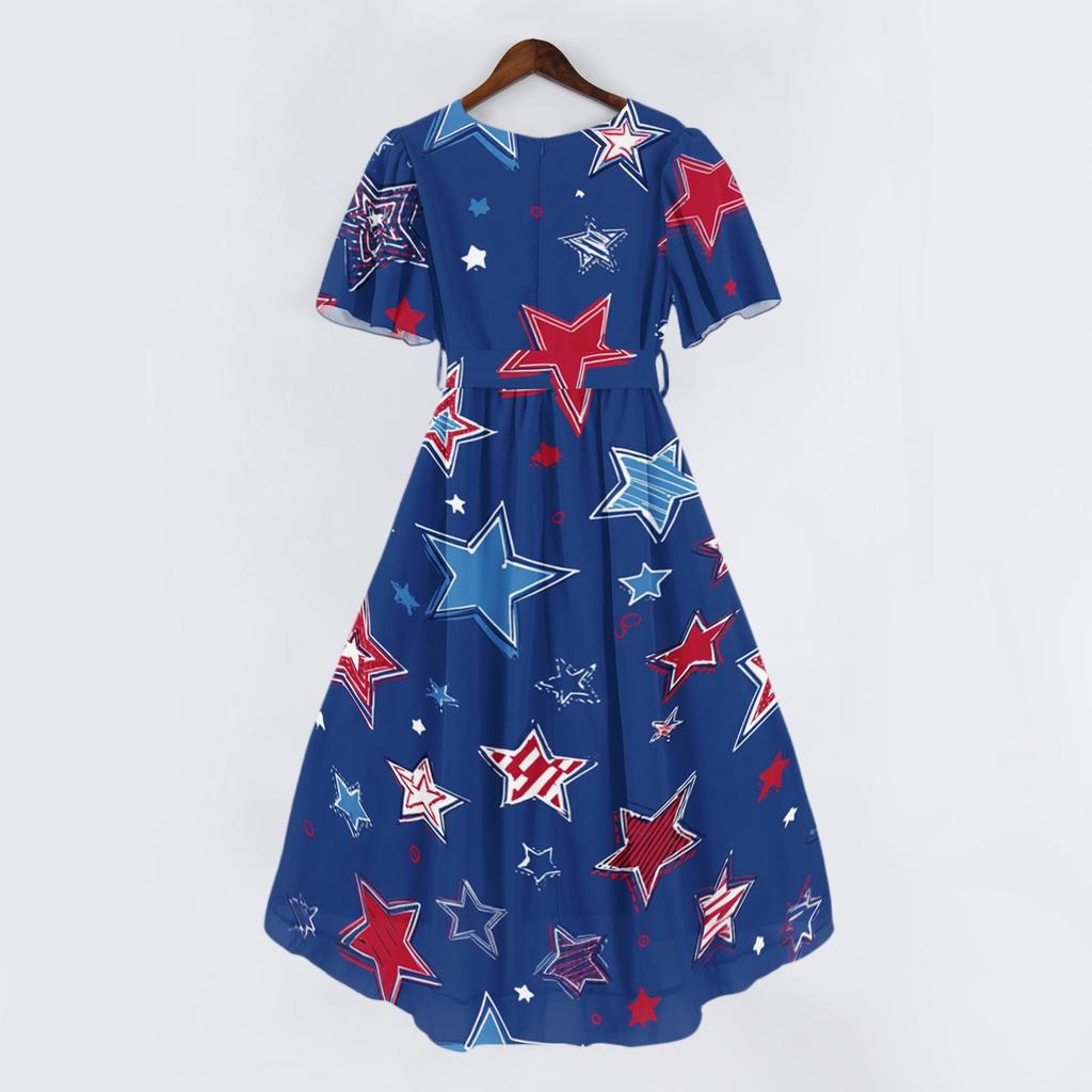 Women V Neck Short Sleeve Casual Dress Independence Day Star Print Wrap Midi Dress with Tie Waist Summer Party Dress