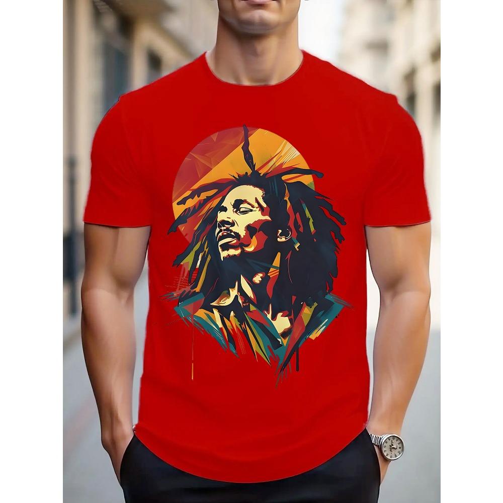 Men Summer  Cotton Reggae Style Patterned T-shirt with Bright and Dirty Braids and Character Prints Top