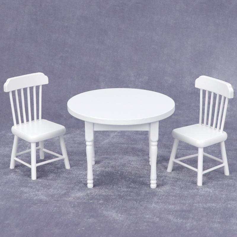 1:12 Wooden DOLLHOUSE Miniature Furniture Kitchen 3-piece Set White Mini Round Table and Chair Small Dining Chair