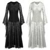 Gotisches Maxikleid mit Kapuze und Spitze, mittelalterliches Hexengewand mit Glockenärmeln für Damen, ideal für Halloween, Cosplay und Partys mit dunklem Thema