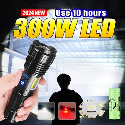 High Power 300W LED Flashlight Type-C USB Rechargeable Tactical Torch 2000M Long Range Ultra Powerful Flashlight Camping Lantern