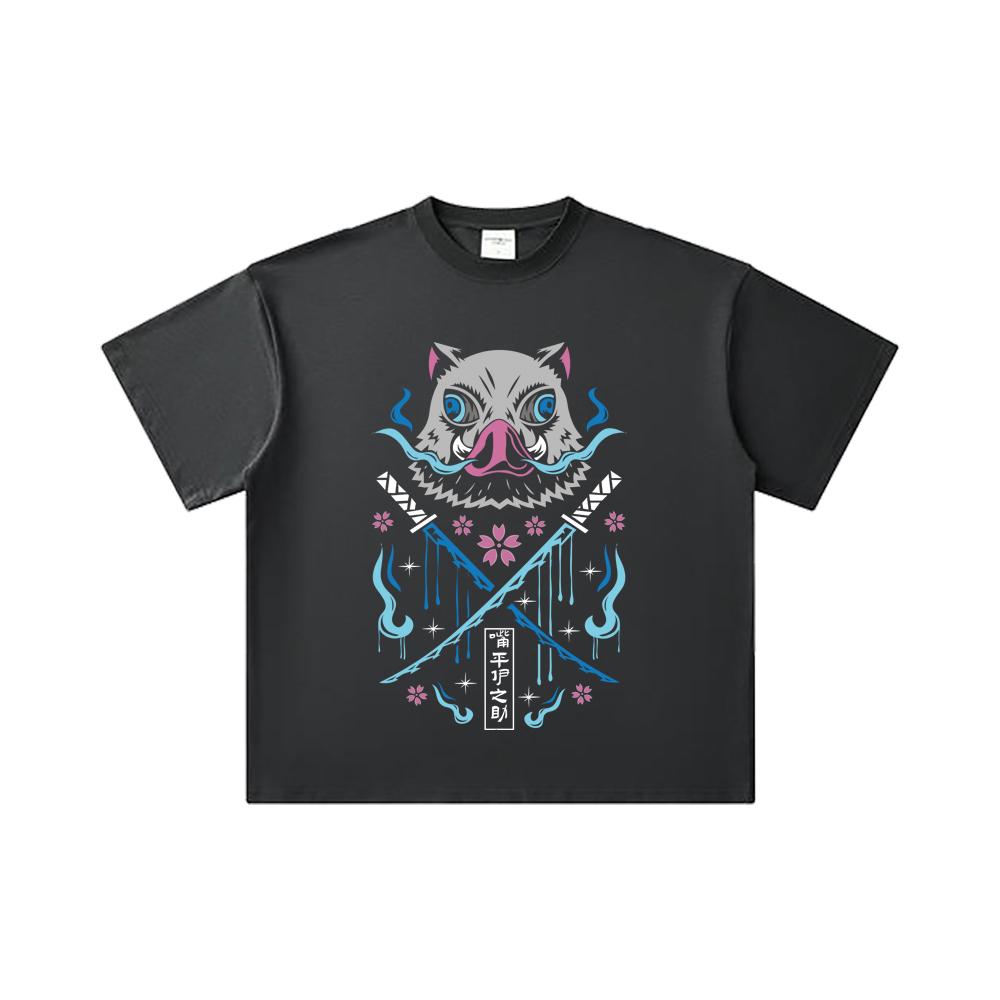 260 GSM Double Yarn 32 Count 100% Cotton Demon Slayer V97 Inosuke Print Unisex Heavy Cotton T Shirt