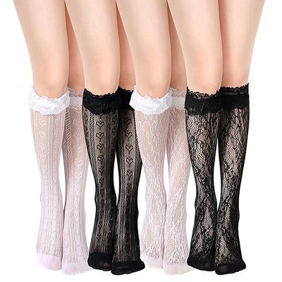 1 Paar Damen Spitzen Kniehohe Socken, Lolita Herz & Floral Weiß & Schwarz Socken, Dünne Niedliche Kawaii Studenten Wadenlange Socken