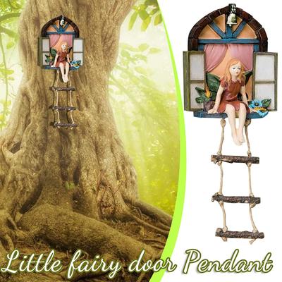Fairy House Tree Hanging Sculpture Window Ladder Resin Statue Figurine Outdoor Ornament for Home Garden Yard Art Decor