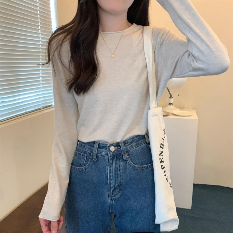 

Lazy wind crimped knitted sweater women s early spring simple fashion long-sleeved inner top bottoming shirt XL