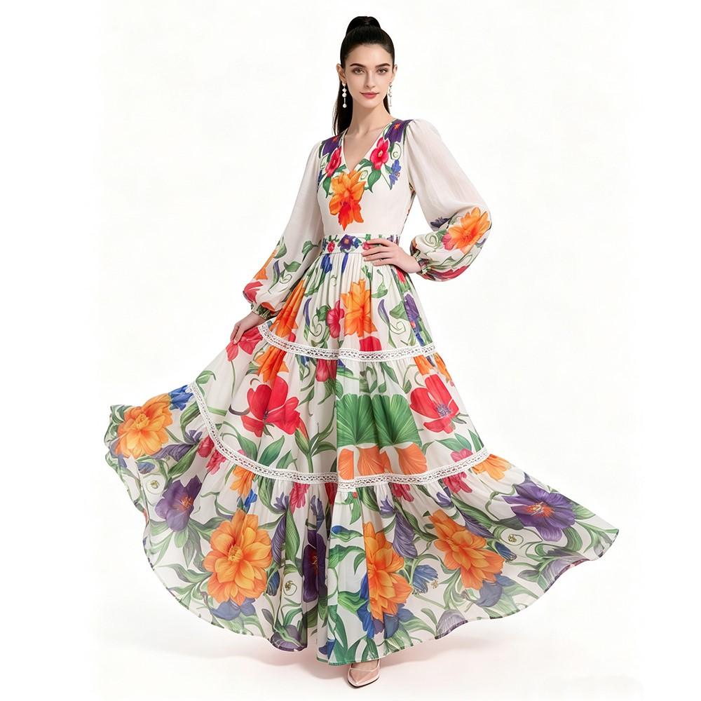 Long sleeve plus size pleated vintage Floral new in dresses for women casual loose maxi long spring summer autumn dress