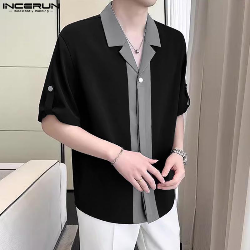 INCERUN Oversized Men Lapel Neck Half Sleeve Patchwork Casual Shirts