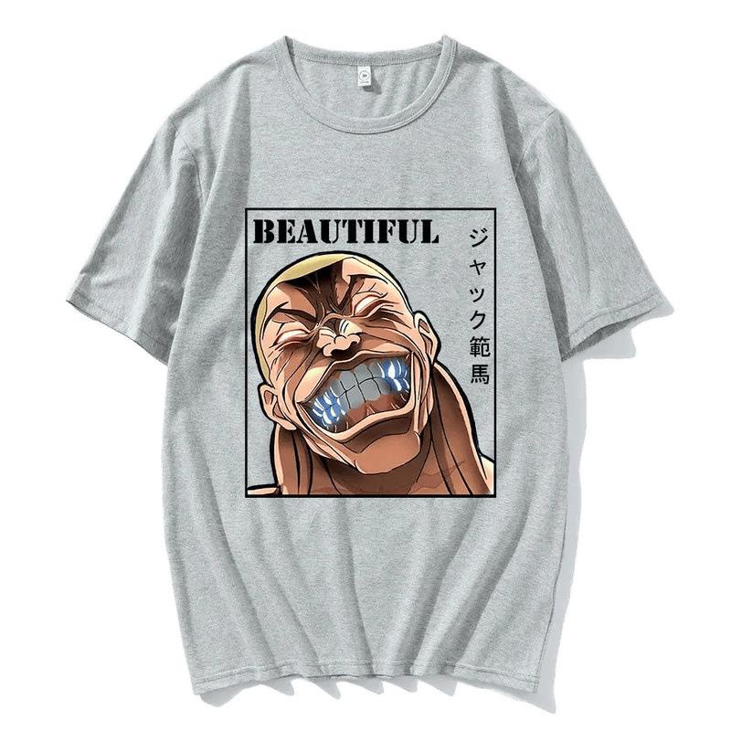 Харадзюку Аниме Ханма Баки Футболки Мультяшные Принты Мужские Летние Футболки Хлопок Короткий Рукав Женские Топы Футболки Унисекс Повседневная Уличная Одежда 3XL серый