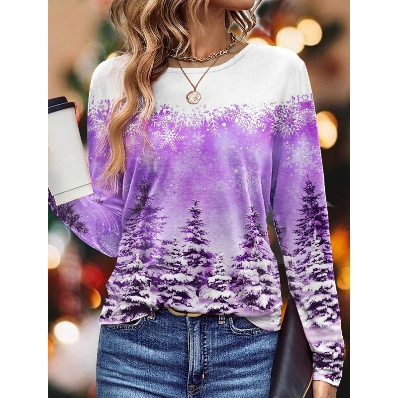 Top cu gât rotund de primăvară și toamnă, cu temă de Crăciun, imprimat 3D, tricouri de damă la modă și casual cu mâneci lungi
