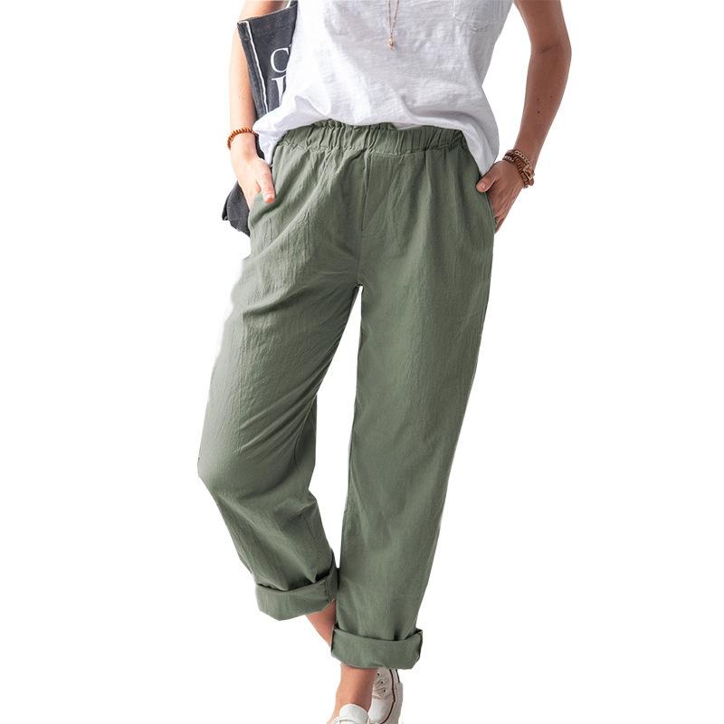 Summer Women Trousers Solid Color Casual Elastic High Waist Straight Pants Female