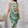 Women Plus Size Crew Neck Sleeveless Midi Dress Vivid Oil Painting Sunflower Floral Print Bodycon Dress