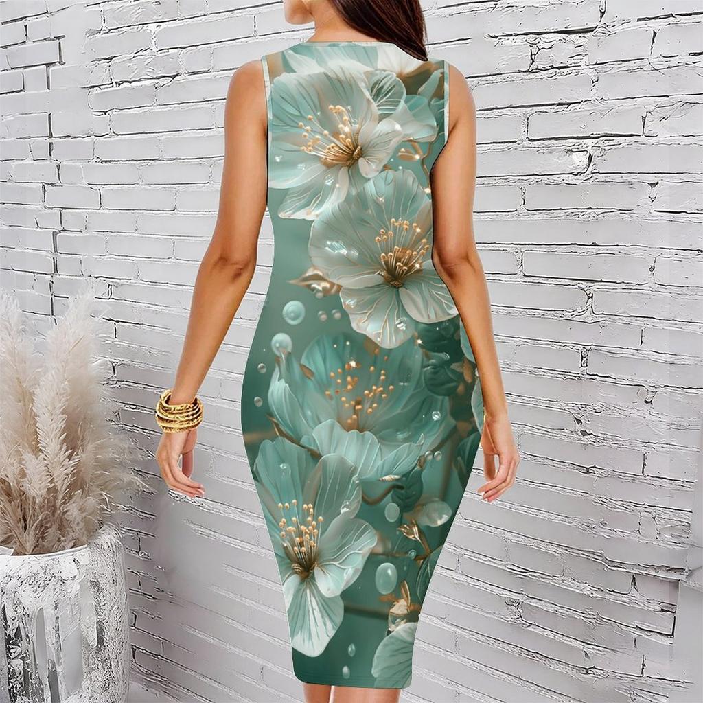 Women Plus Size Crew Neck Sleeveless Midi Dress Vivid Oil Painting Sunflower Floral Print Bodycon Dress