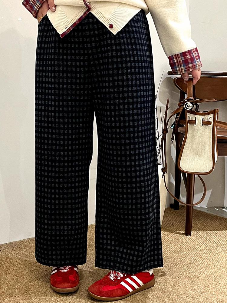 Plus Size Women's High-Waisted Retro Plaid Wide-Leg Cropped Pants NK1287