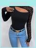 Streetwear Lace Spliced Long Sleeve T Shirt For Women With High Neck And Soft Acrylic Fabric