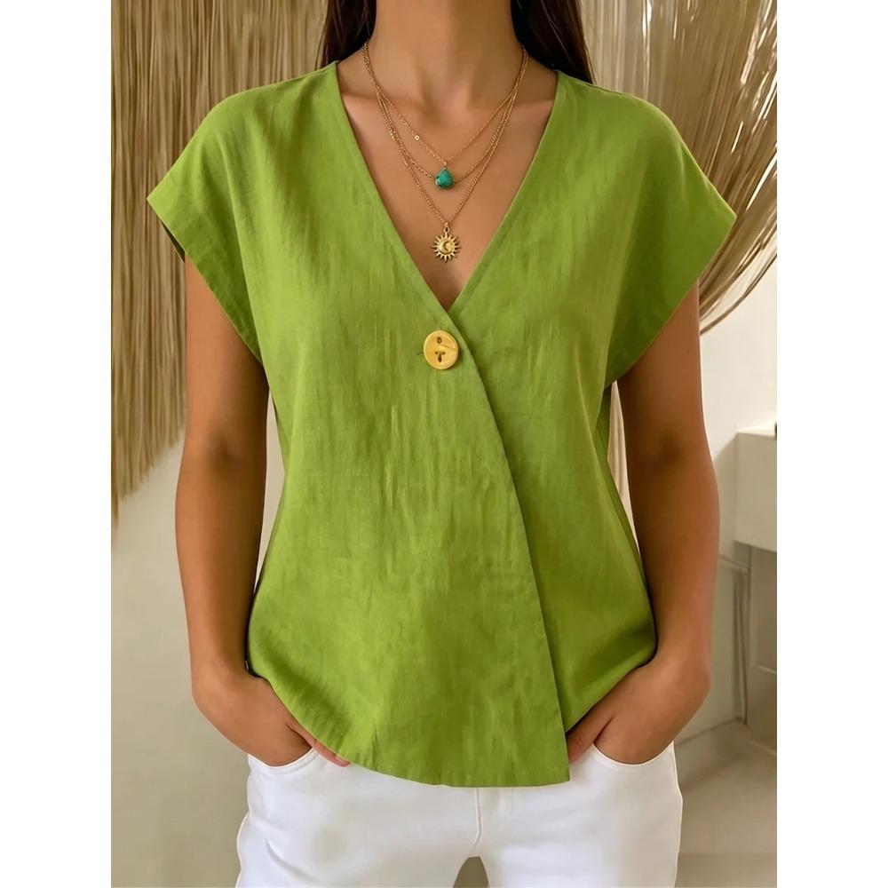 Women's V Neck Cap Sleeve Blouse Regular Fit Single Button Wrap Front Solid Linen Casual Top