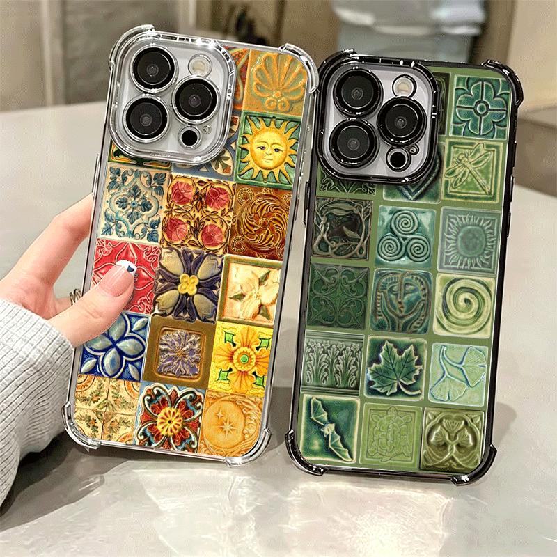 Italian Sicilian Style Floral Pattern Plating Phone Case For Iphone 16 17 Pro Max Air 16E 14 15 Plus 12 13 Mini Anti-Fall Airaba