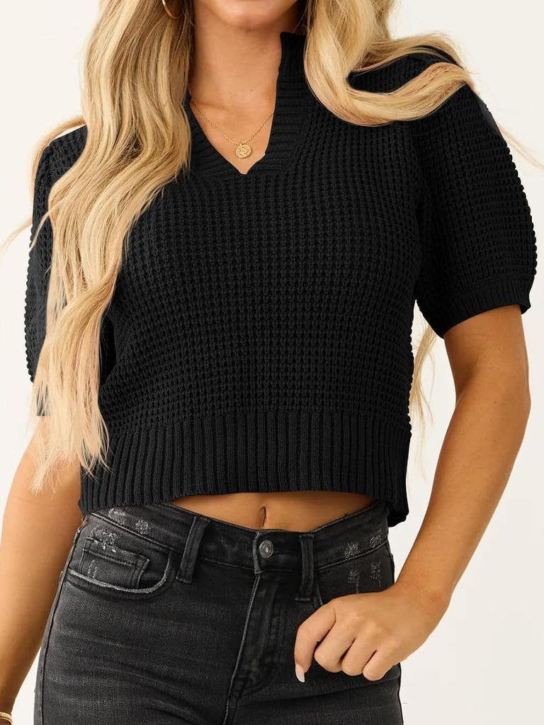 Womens Waffle Knit Sweater Top V Neck Puff Short Sleeve Cropped Spring Summer Blouse