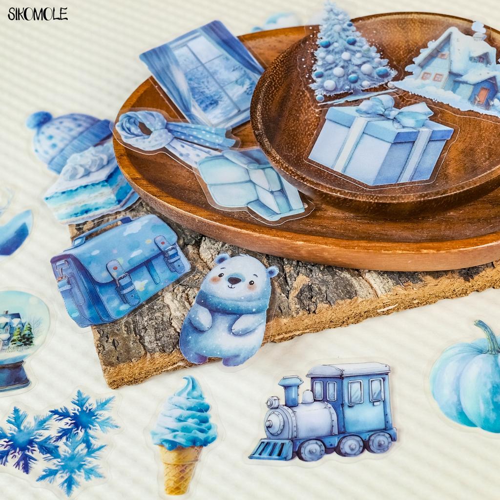 56pcs Transparent Cartoon Blue Winter Stickers Pack Waterproof PET Bookkeeping Material Decorative Car Notebook Graffiti Sticker