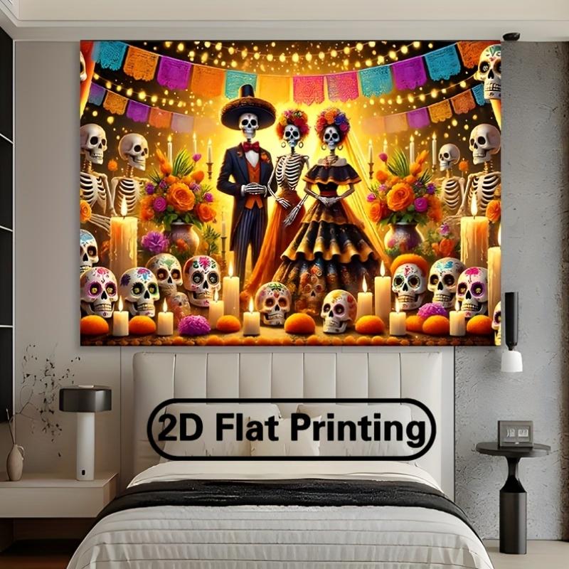 One 2D Flat Banner  Featuring a Scene of the "Day of the Dead" Celebration  Made of Polyester Fabric. This Wall Decoration