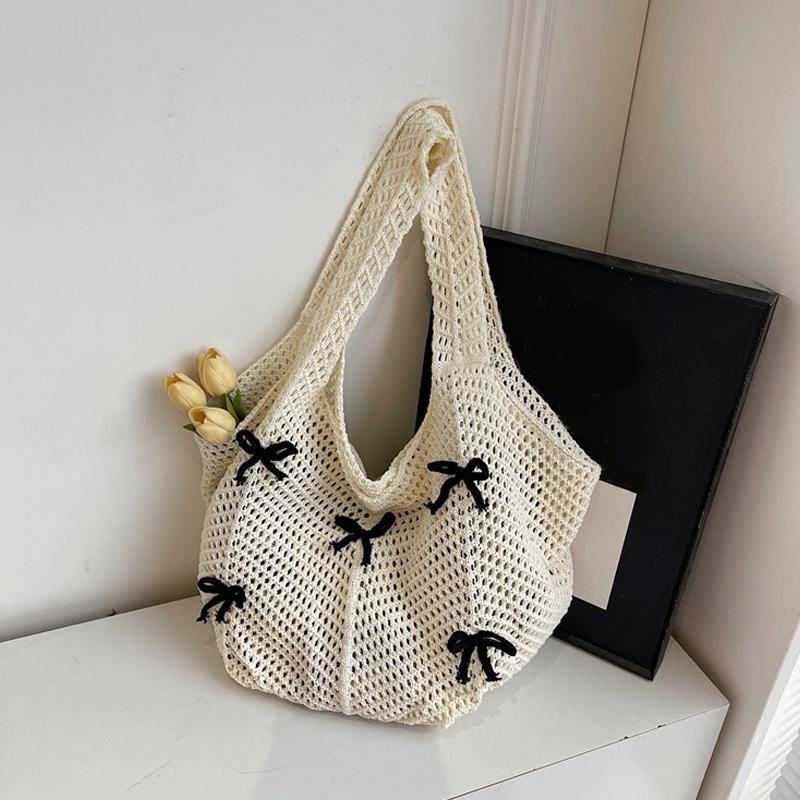 New Khaki Bow Vintage Knit Bag High Quality Woven Bag Large Capacity Daily Wear Shoulder Bag Ladies Hand Bags