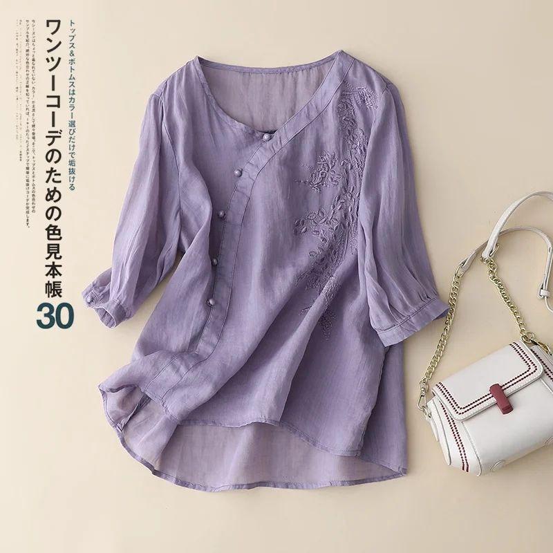 Purple short-sleeved cotton and linen shirt for women who are thin and cover their stomachs. Loose large-size disc-buckled cotton