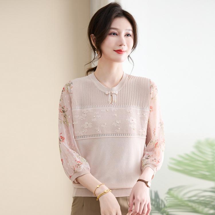 New Mom Summer Short Sleeve T-Shirt Loose V-Neck Knitted Top Middle-aged and Elderly Women's Clothing