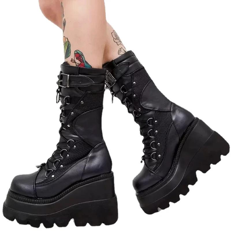 Design Ladies High Platform Boots Big Size Rivet Goth High Heels Boots Women Cosplay Wedges Punk Shoes Woman Gothic Shoes