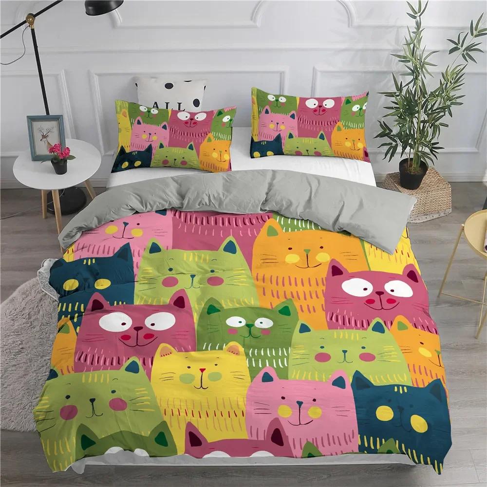 3D Gedrucktes Cartoon Katzen Bettwäscheset Einzelbett Twin Doppelbett Queen King Cal King Größe Bettwäscheset