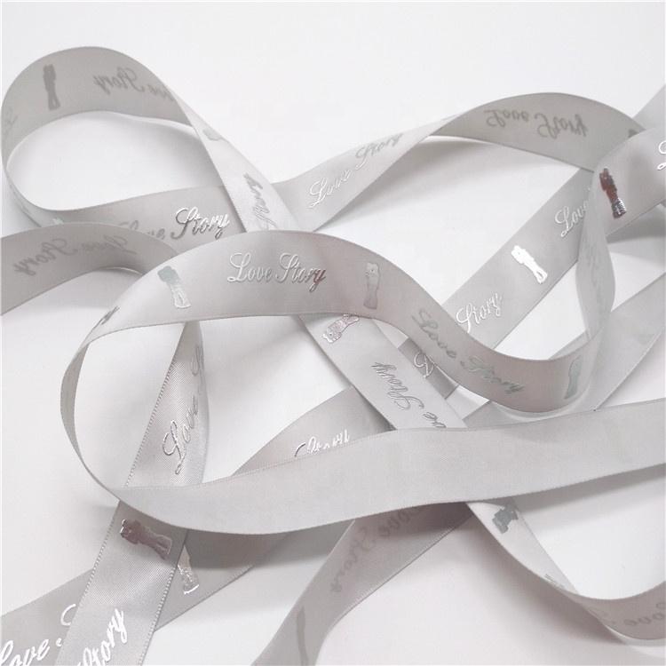 New Arrival Puff and Silver Foil Raised Printed Satin Ribbon With Love Story Logo in Stock Sale