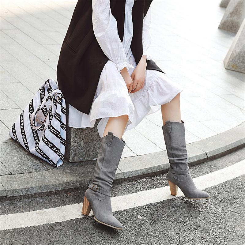 Pleated Woman's High Boots Shoes Fashion Knee High Boots Autumn Winter Gray Beige Heels Long Shoes Lady Large Size 45