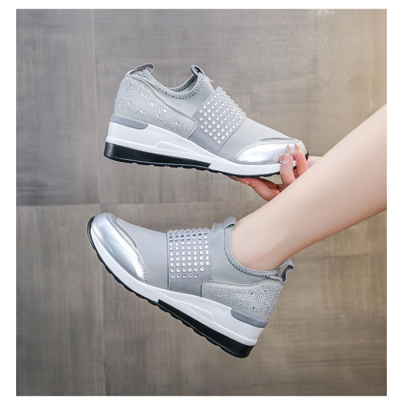 2025 Spring Korean Style Wedge Heel Rhinestone Slip-On Casual Flats for Women - Plus Size Round Toe Thick Sole Dad Shoes