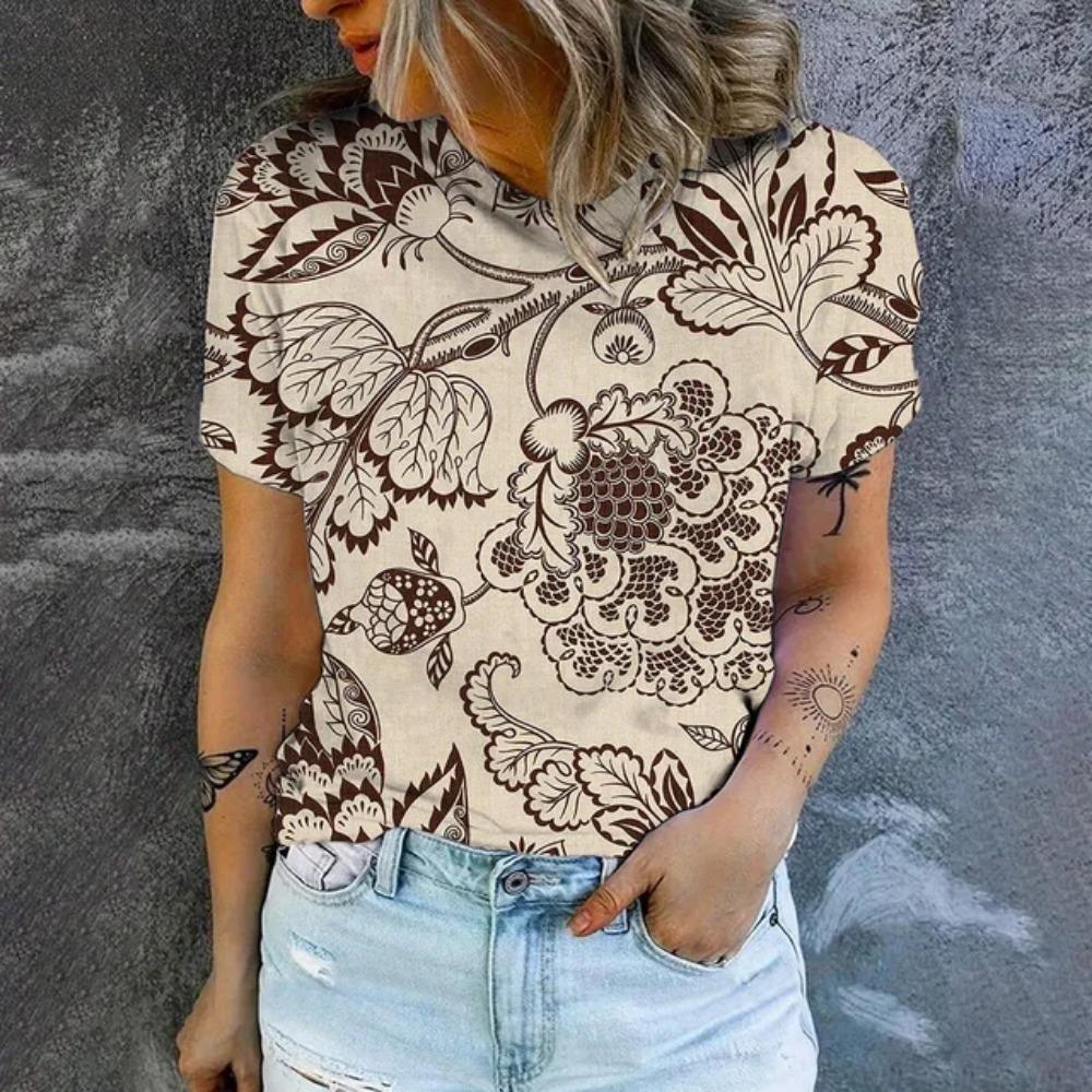 

Элегантная женская футболка, модная футболка с цветочным принтом в стиле ретро, женская футболка с короткими рукавами, летняя футболка для отдыха 5XL