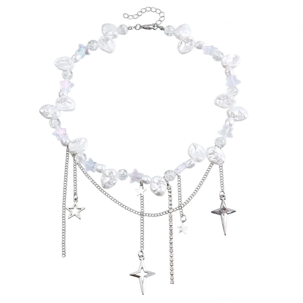 Cold Wind Cross Star Diamond Imitation Pearl Necklace Personalized Stacking Temperament Advanced Clavicle Chain Necklace