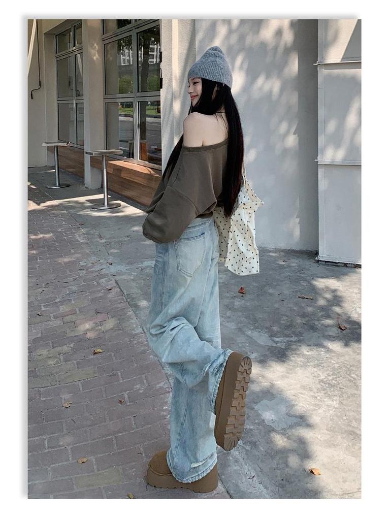 Damskie postarzane retro amerykańskie dżinsy: Jesień 2025 Luźne Szerokie Nogawki z Designem Drapanym