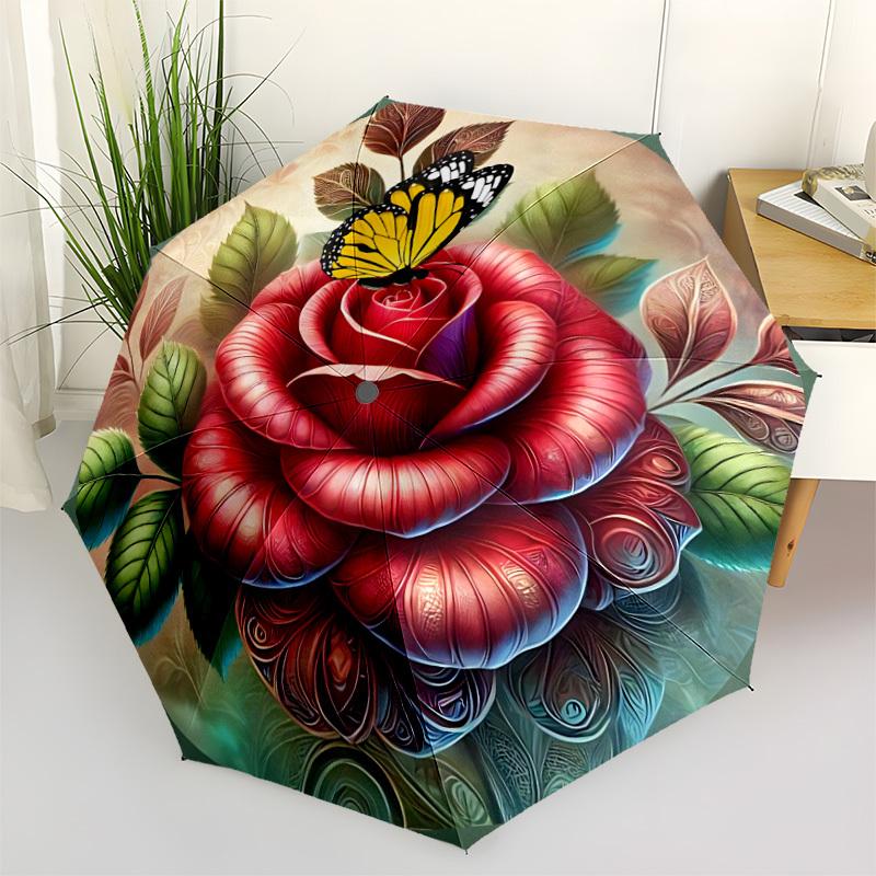 

1pc Rose Butterfly Print Automatic Opening and Closing Folding Umbrella with 8 Iron Ribs - Portable, Foldable for Travel yy251124047