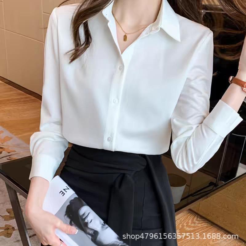 Women Satin Long Sleeve Solid Color Commute Professional Business Button Down Shirt