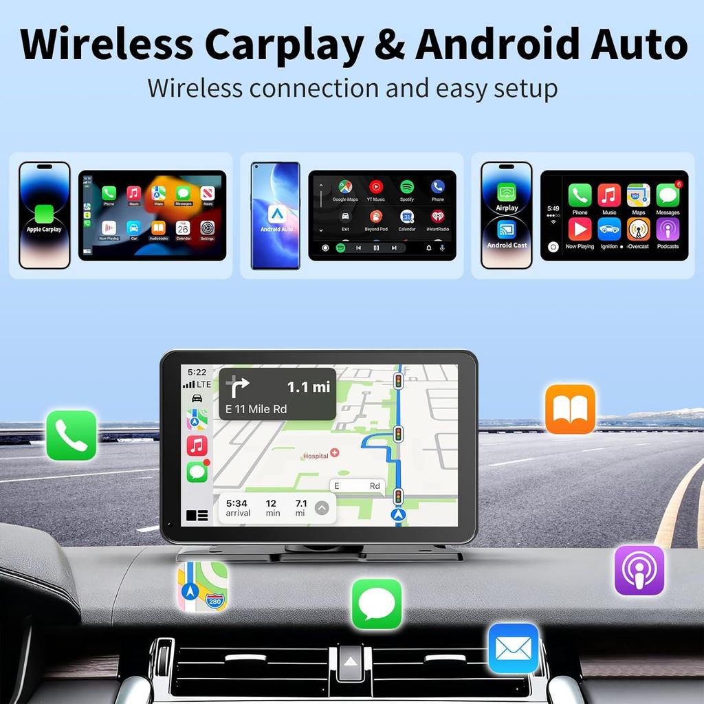 9' Wireless CarPlay & Android Auto Touchscreen with Bluetooth, FM, GPS, Voice Control, Hands-Free Calling