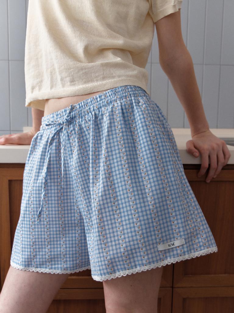 Elssibeui Cherry Check Banding Shorts_Skyblue