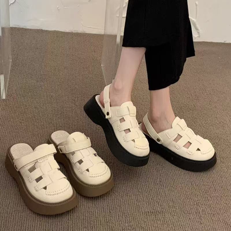 Baotou Half Slippers Women's 2025 Summer Daily Wear One Pedal Non-slip Roman Shoes Two Wear Hollow Sandals Thick Sole