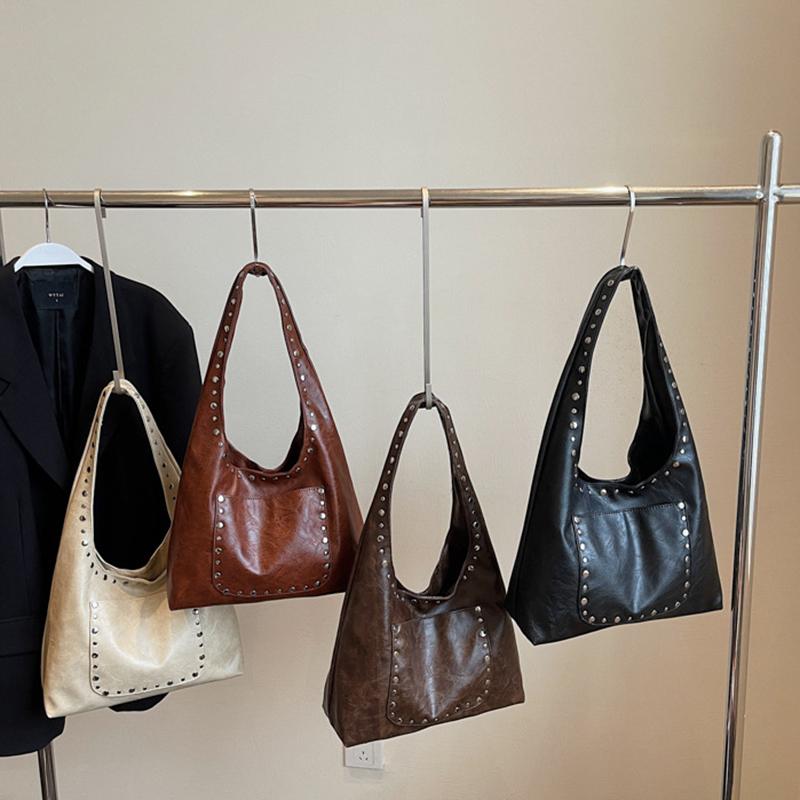 Women's Retro Rivet Solid Color Commuting Travel Shopping Tote Bag Versatile Large Capacity Shoulder Bag CLE