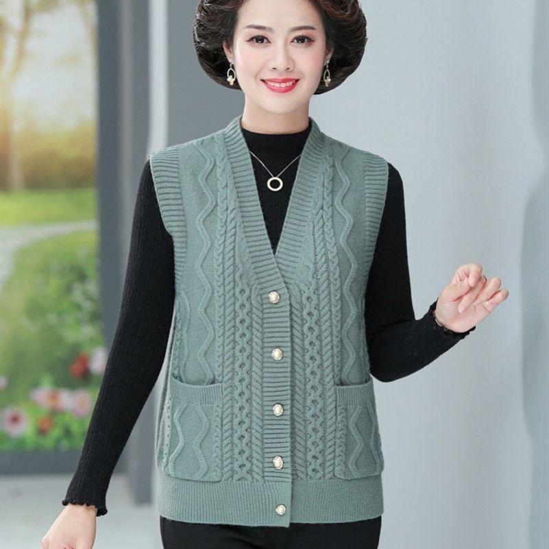 Mom Knitted Vest for Spring and Autumn V-neck Knitted Cardigan Vest for Middle-aged and Elderly Solid Color Vest