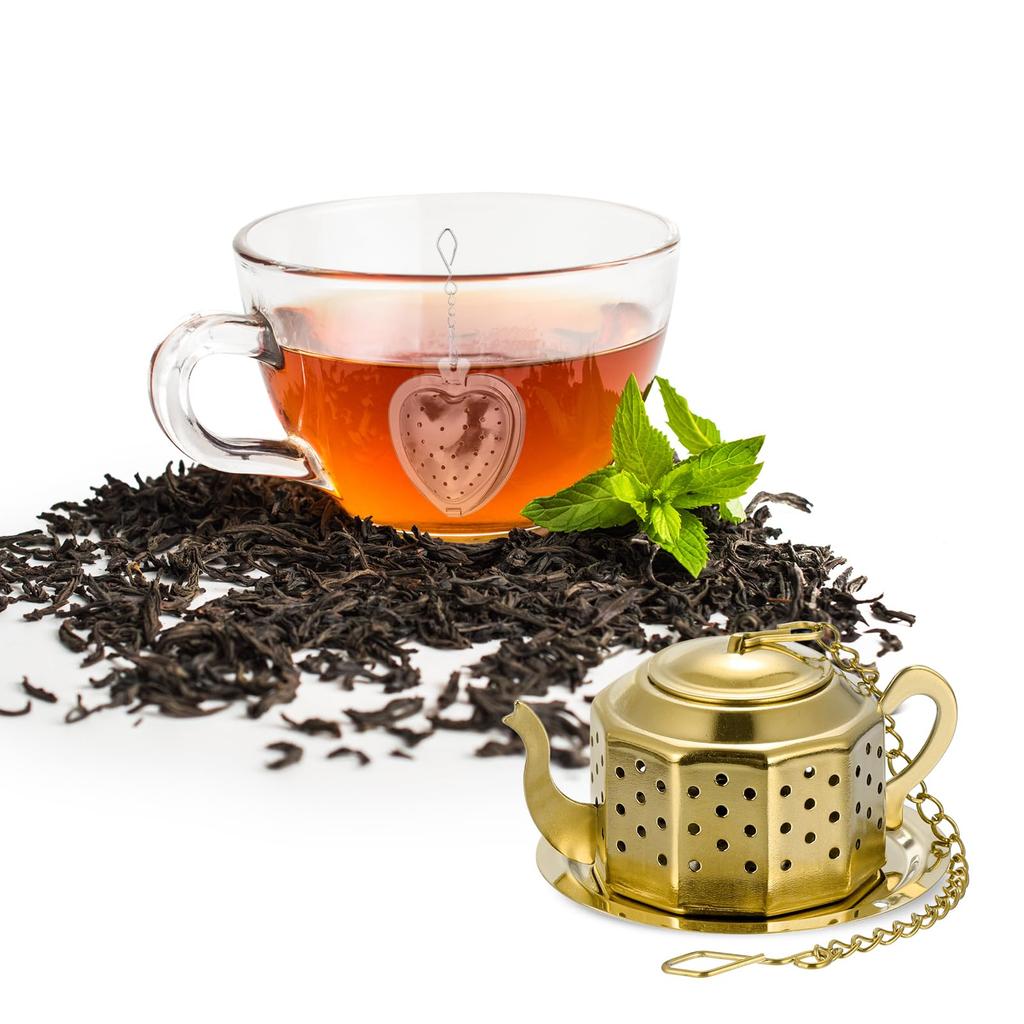 uxcell Tea Infuser Filter with Chain and Drip Tray, 2-Piece Set, Loose Tea Steeper for Brewing Loose Leaf Tea, Stainless Steel Tea Strainer, Gold